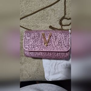 Versace Glittery Pink Crossbody Bag with Gold Accents + Gucci Mirror
